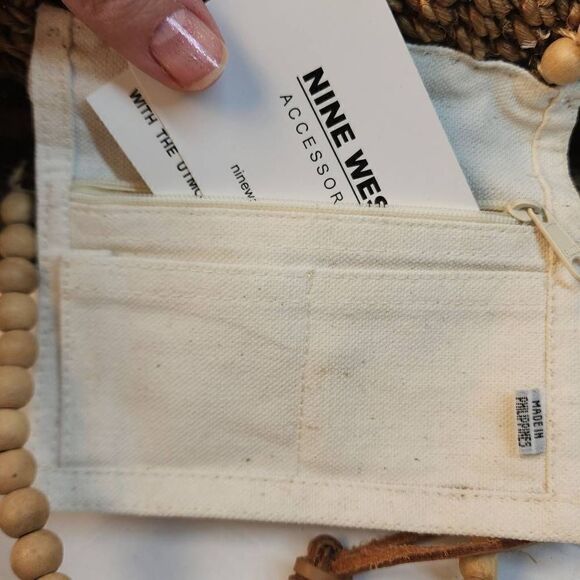 Nine West Womens Tan & Brown Color Block Straw Beaded Double Handle Tote Bag - Picture 3 of 9